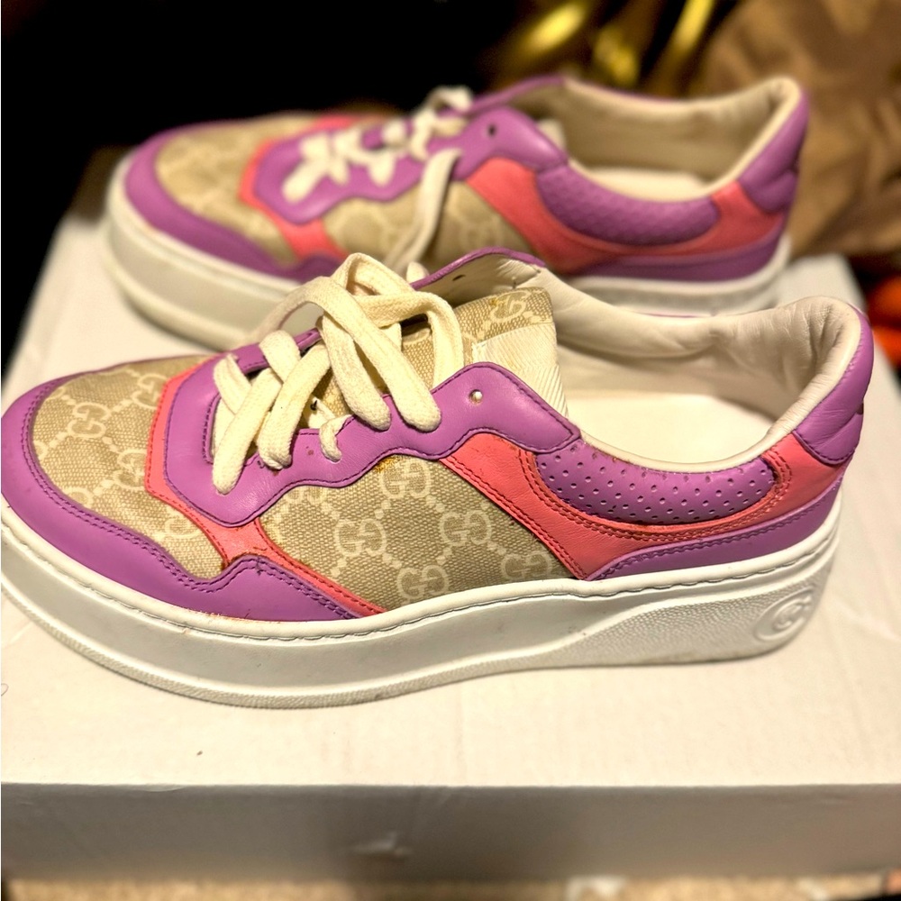 Gucci Beige GG Canvas Sneakers with Pink and Coral Leather Trim